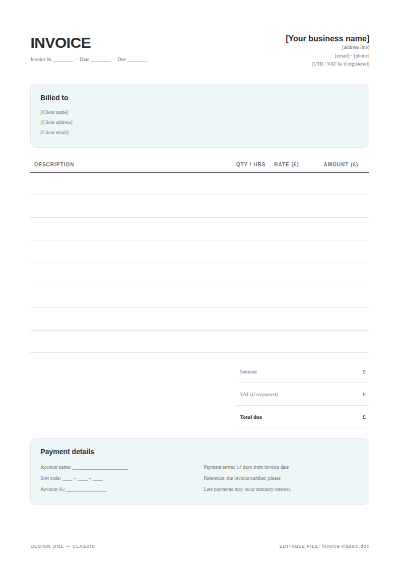 Invoice & Quote Pack — 3 GBP Invoice Designs + Editable Word Files