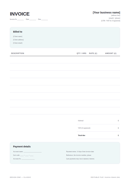 Invoice & Quote Pack — 3 GBP Invoice Designs + Editable Word Files