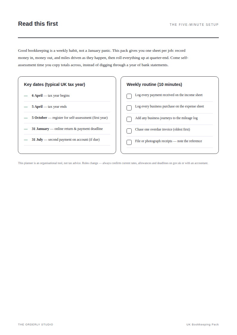 UK Small-Business Bookkeeping Pack — Sole Trader & Side-Hustle Tracker